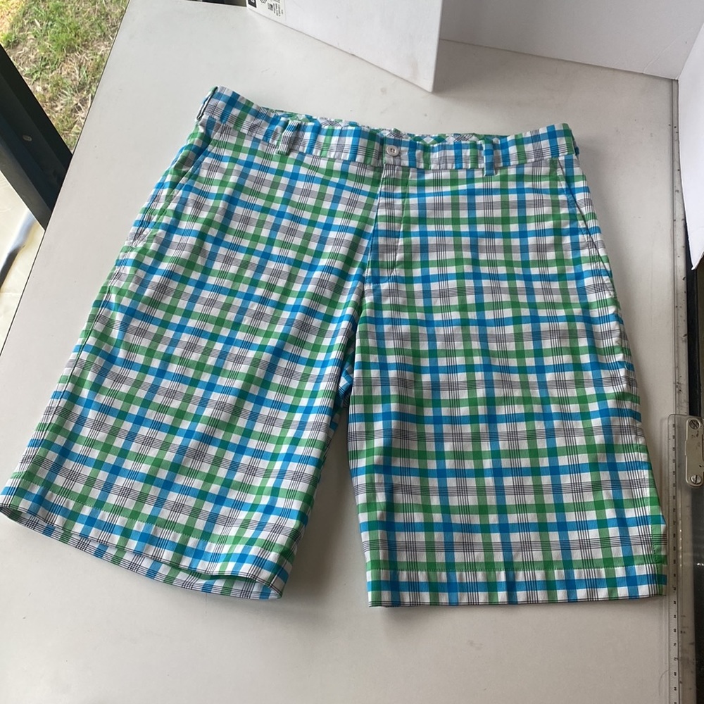 Nike Dri Fit Golf Shorts Vibrant Blue/Green/White colored Check Mens Sz.35 EUC - Picture 2 of 9